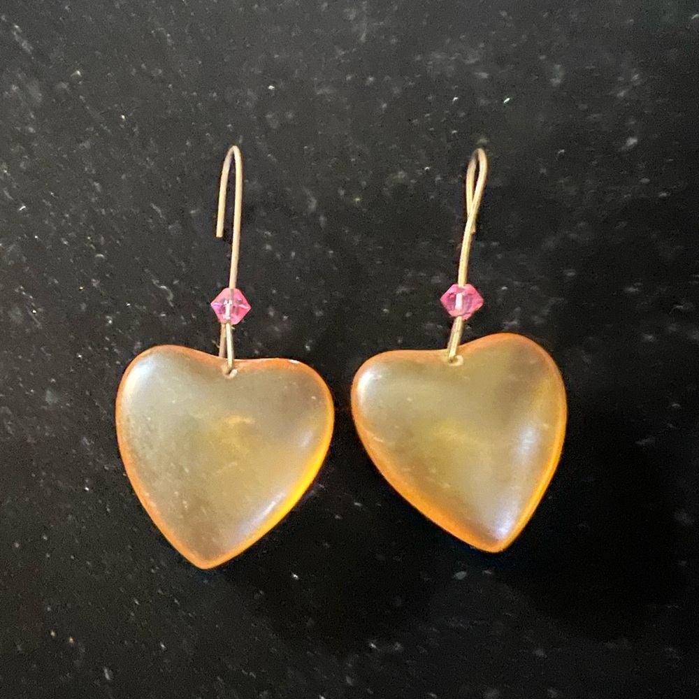 Vintage Frosted Lucite & Crystal Dangling Heart earrings